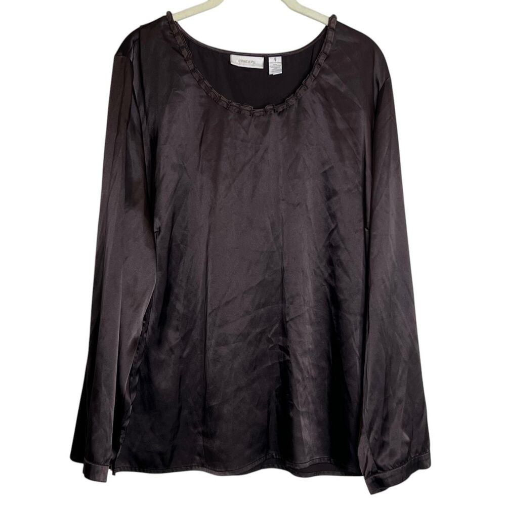 Chicos Womens Blouse Size 4 (US 20/22) Brown Satin Long Sleeve Pullover